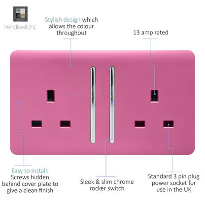 Trendi 2 Gang Raised Artistic Modern Glossy Screwless 13 Amp Single Pole with Chrome Switched UK Standard Electrical Double Wall Plug Socket in Candy Pink - ART-SKT213LPK