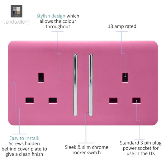 Trendi 2 Gang Raised Artistic Modern Glossy Screwless 13 Amp Single Pole with Chrome Switched UK Standard Electrical Double Wall Plug Socket in Candy Pink - ART-SKT213LPK