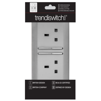 Trendi 2 Gang Artistic Modern Glossy 13 Amp Long Switched Tactile Plug Socket Stainless Steel (7 Pack)