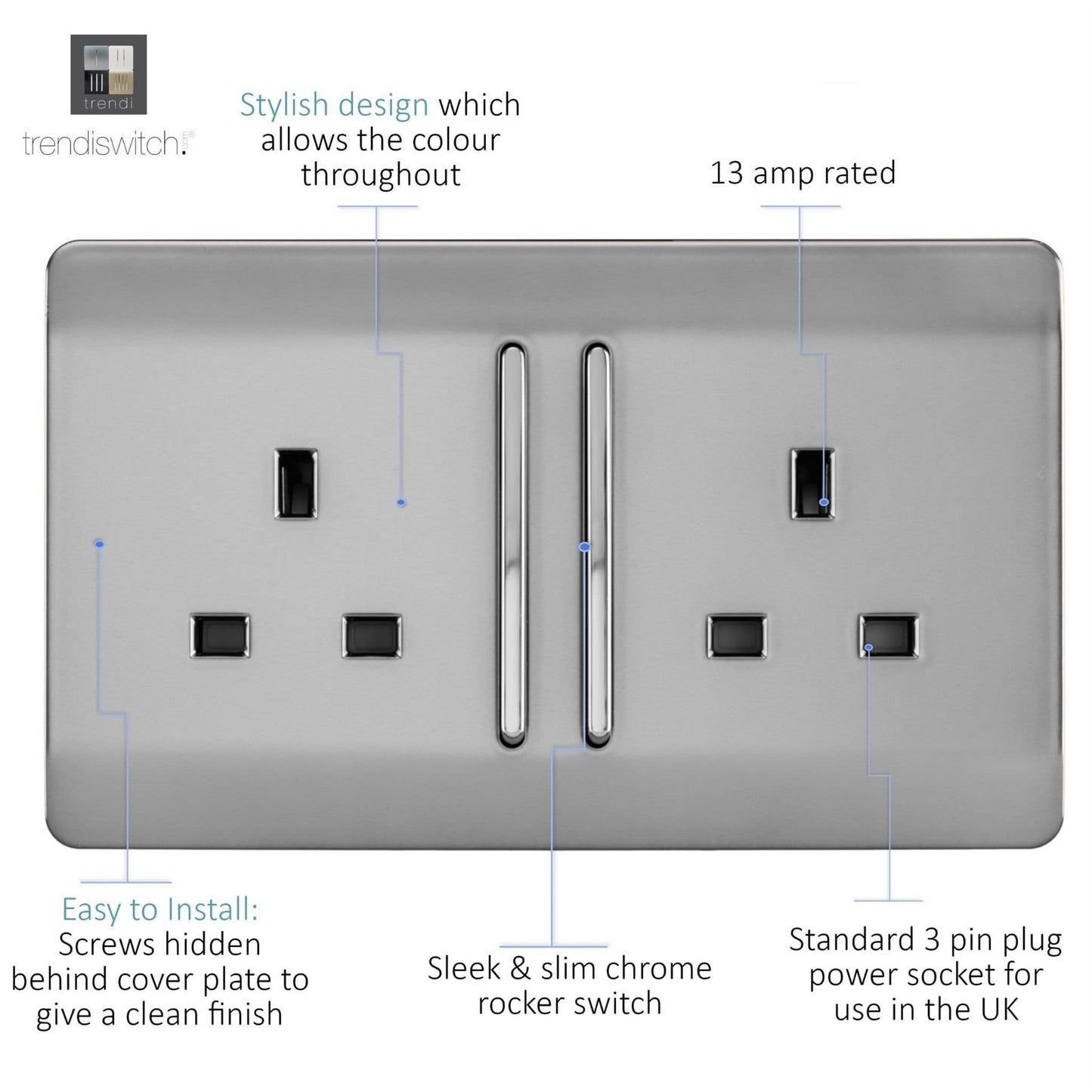 Trendi 2 Gang Raised Artistic Modern Glossy Screwless 13 Amp Single Pole with Chrome Switched UK Standard Electrical Double Wall Plug Socket in Brushed Steel - ART-SKT213LBS