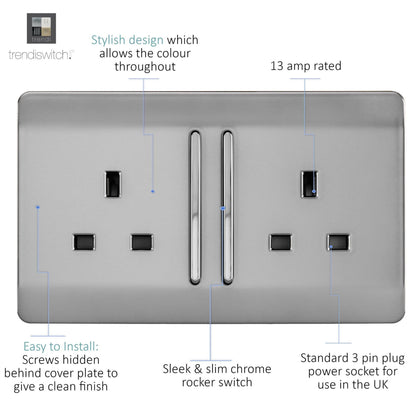 Trendi 2 Gang Raised Artistic Modern Glossy Screwless 13 Amp Single Pole with Chrome Switched UK Standard Electrical Double Wall Plug Socket in Brushed Steel - ART-SKT213LBS