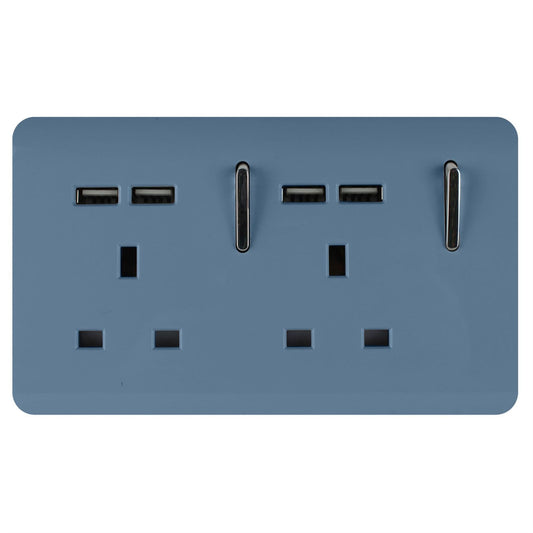 Trendi 2 Gang Artistic Modern Glossy 13 Amp 4x2.1mA USB Switched Tactile Plug Socket Sky