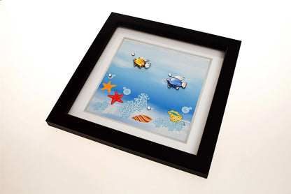 Diyas Home Crystal Wall Art (DH) Aqua Swimming Fish, Black Frame, Amber, Blue, Clear Crystal Framed