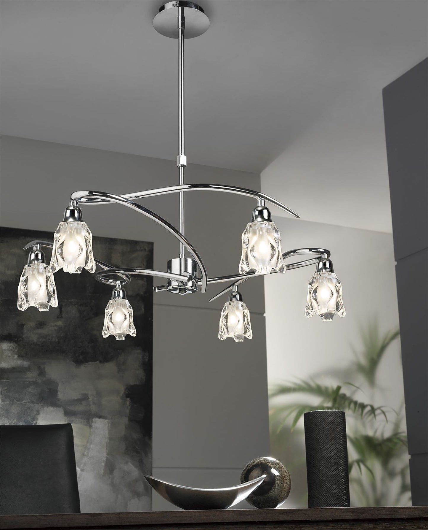 Mantra Amel 61cm Telescopic Convertible To Semi Flush 6 Light L1/SGU10, Polished Chrome, CFL Lamps INCLUDED