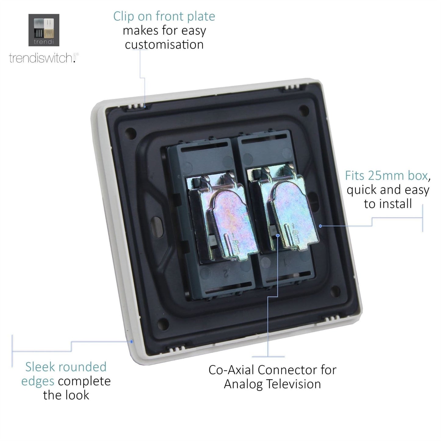 Trendi Artistic Modern Glossy Tactile TV 2 Gang Socket Silver ART-2TVSSI