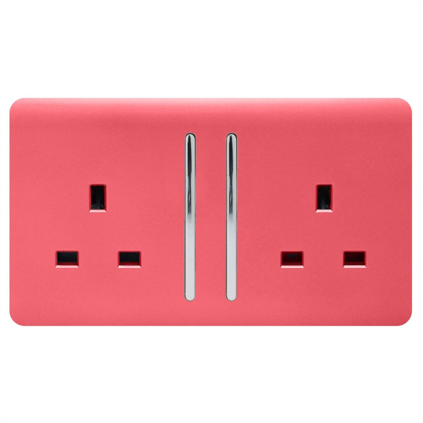 Trendi 2 Gang Raised Artistic Modern Glossy Screwless 13 Amp Single Pole with Chrome Switched UK Standard Electrical Double Wall Plug Socket in Strawberry Red - ART-SKT213LSB