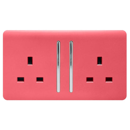 Trendi 2 Gang Raised Artistic Modern Glossy Screwless 13 Amp Single Pole with Chrome Switched UK Standard Electrical Double Wall Plug Socket in Strawberry Red - ART-SKT213LSB