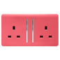 Trendi 2 Gang Raised Artistic Modern Glossy Screwless 13 Amp Single Pole with Chrome Switched UK Standard Electrical Double Wall Plug Socket in Strawberry Red - ART-SKT213LSB