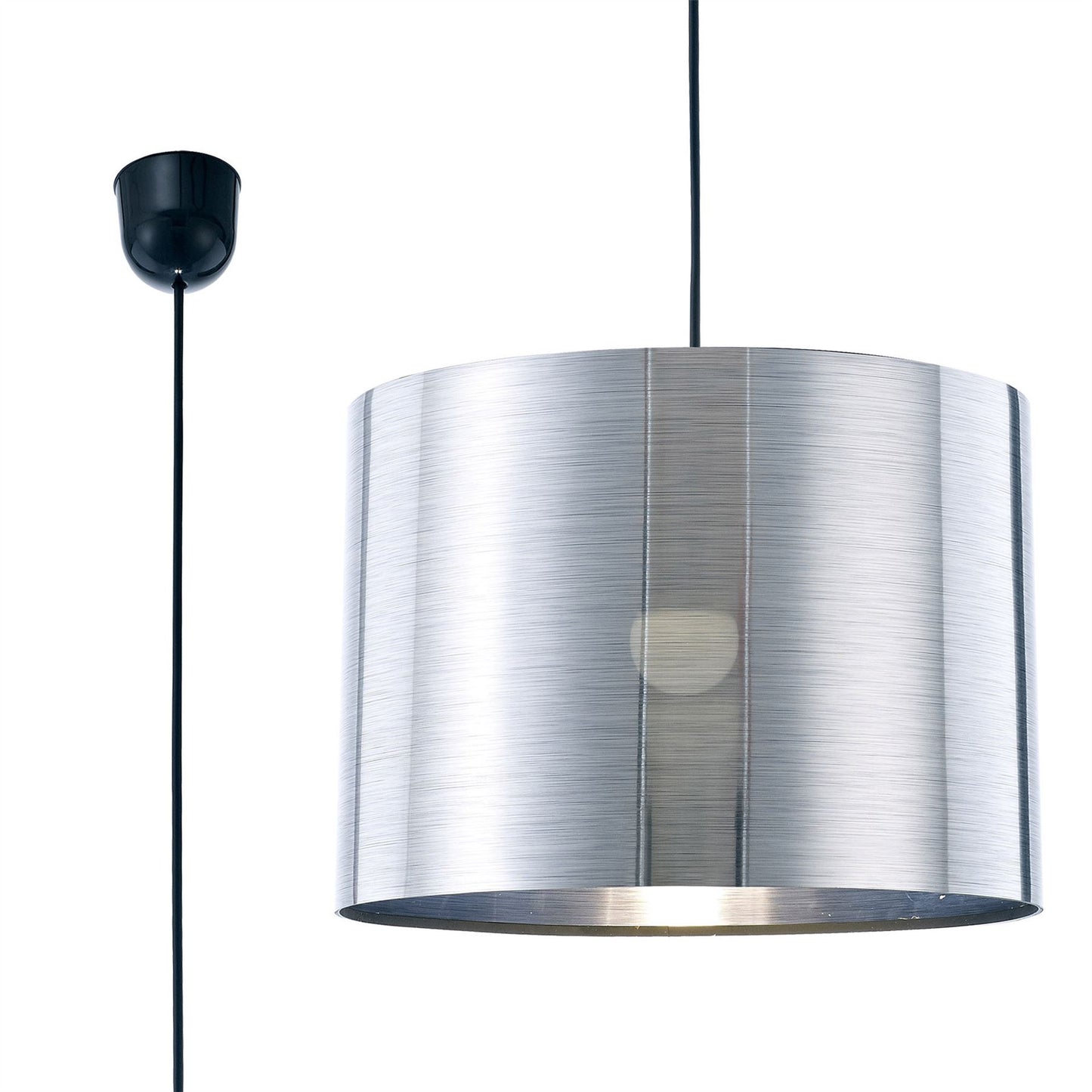 Deco Dako Black Pendant 1 Light E27 with 350 x 250mm Metallic Chrome Finish Cylinder Shade, c/w Ceiling Bracket