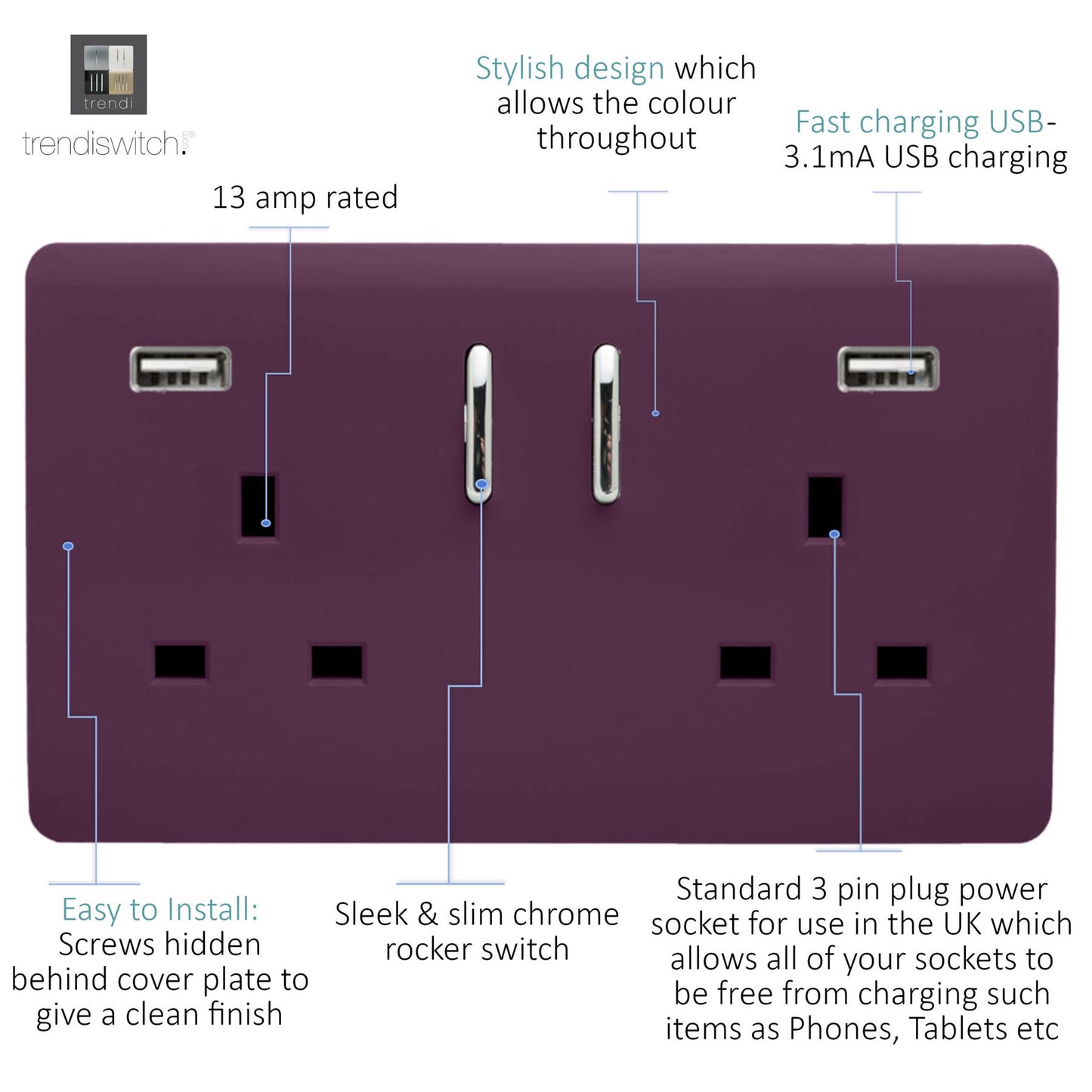 Trendi 2 Gang Artistic Modern Glossy 13 Amp 2 x 3.1mA USB Switched Plug Socket Plum