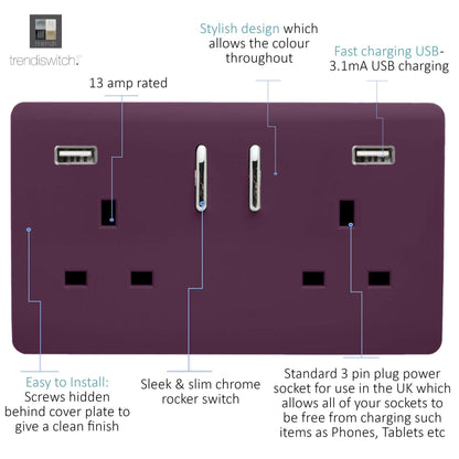 Trendi 2 Gang Artistic Modern Glossy 13 Amp 2 x 3.1mA USB Switched Plug Socket Plum