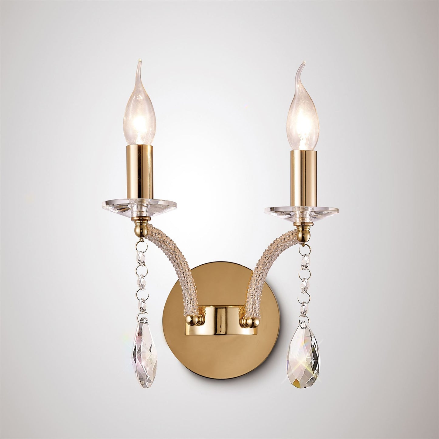 Diyas Fiore Wall Light Switched 2 Light E14 French Gold/Crystal