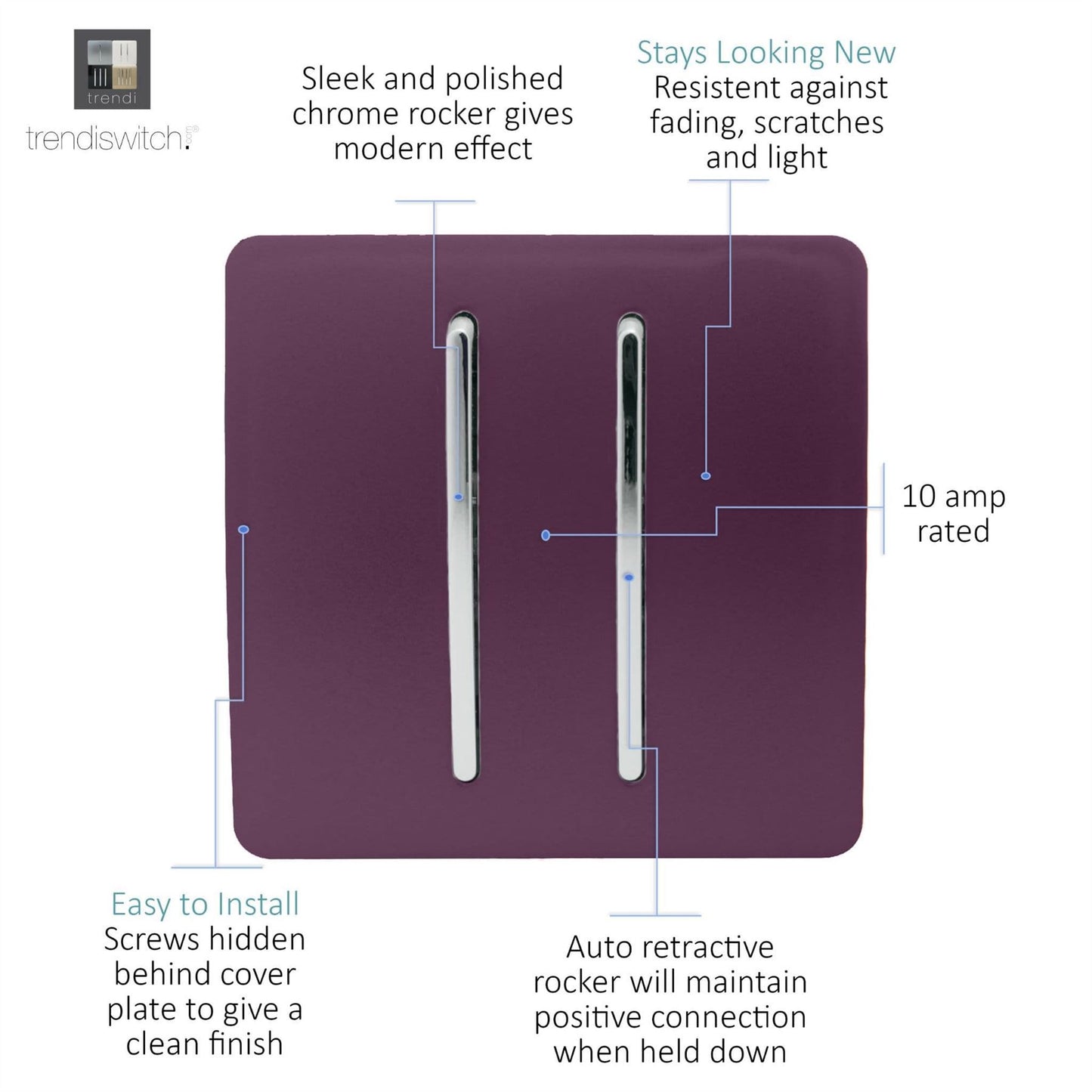 Trendi Artistic Modern Glossy Tactile Auto Retractive 2 Door Bell Switch Plum