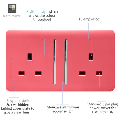Trendi 2 Gang Artistic Modern Glossy 13 Amp Switched Tactile Plug Socket Strawberry (5 Pack)