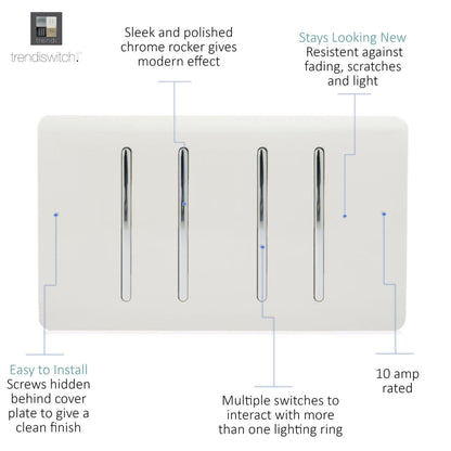 Trendi 4 Gang 2 Way White Rocker Double Plate Light Switch in White- ART-SS44WH