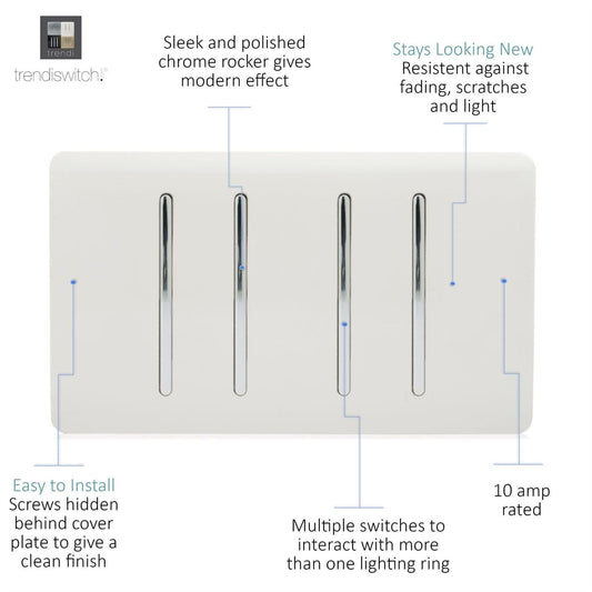 Trendi 4 Gang 2 Way White Rocker Double Plate Light Switch in White- ART-SS44WH