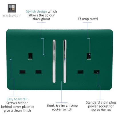 Trendi 2 Gang Artistic Modern Glossy 13 Amp Switched  Plug Socket Dark Green (3 Pack)