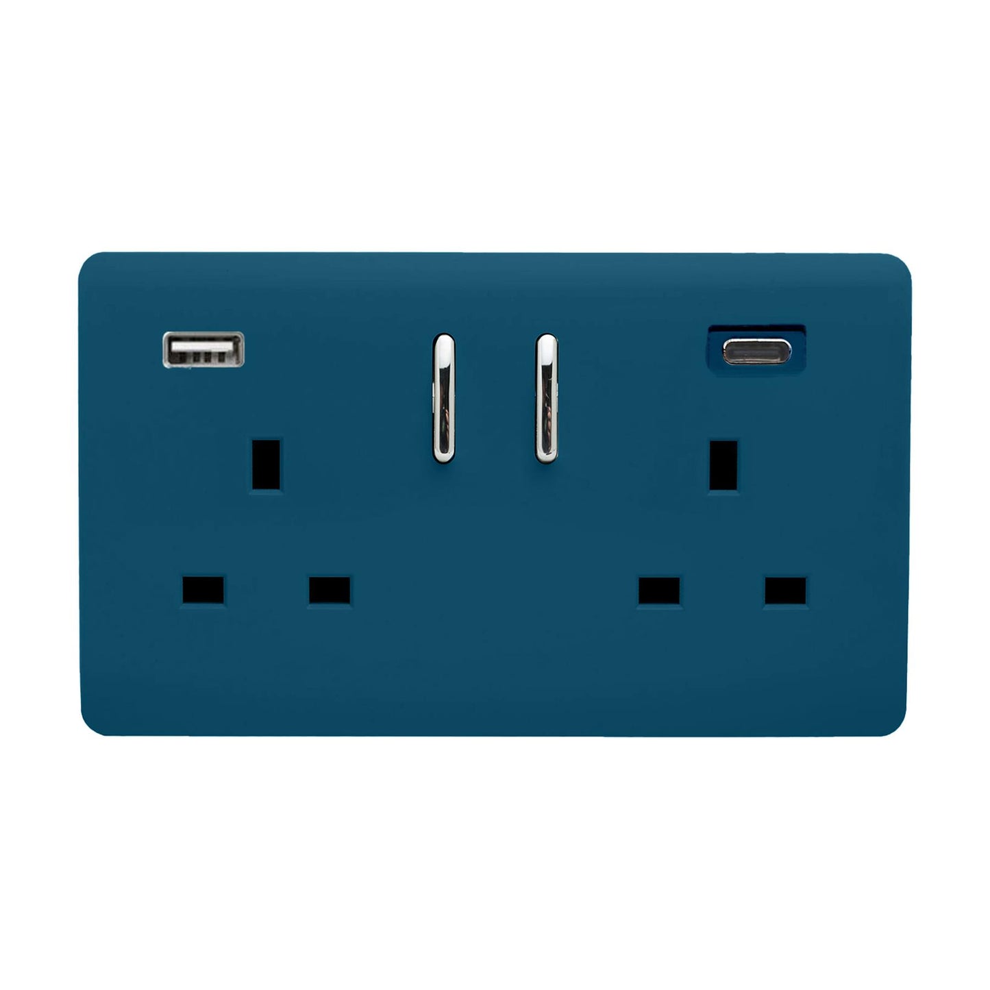 Midnight Blue Screwless 2 Gang Switched Double Socket 13A With 1 x USB-A & 1 x USB-C 65W (Shared), (35mm Back Box Req.), 10yrs Warranty