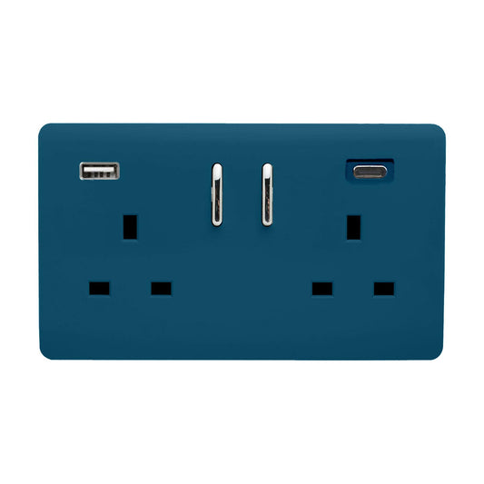 Midnight Blue Screwless 2 Gang Switched Double Socket 13A With 1 x USB-A & 1 x USB-C 65W (Shared), (35mm Back Box Req.), 10yrs Warranty
