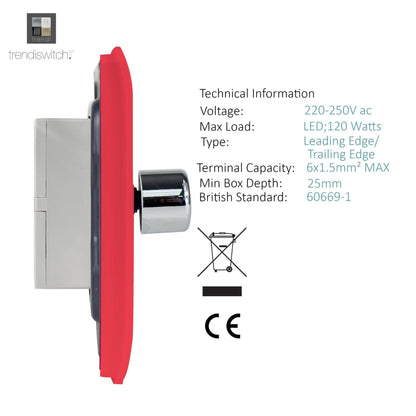 Trendi 2 Gang 2 Way 240V 100w LED Dimmer Screwless Raised Front Plate Plastic Artistic Modern Glossy 10 Amp Chrome Single Electrical Wall Light Switch in Strawberry - ART-2LDMSB