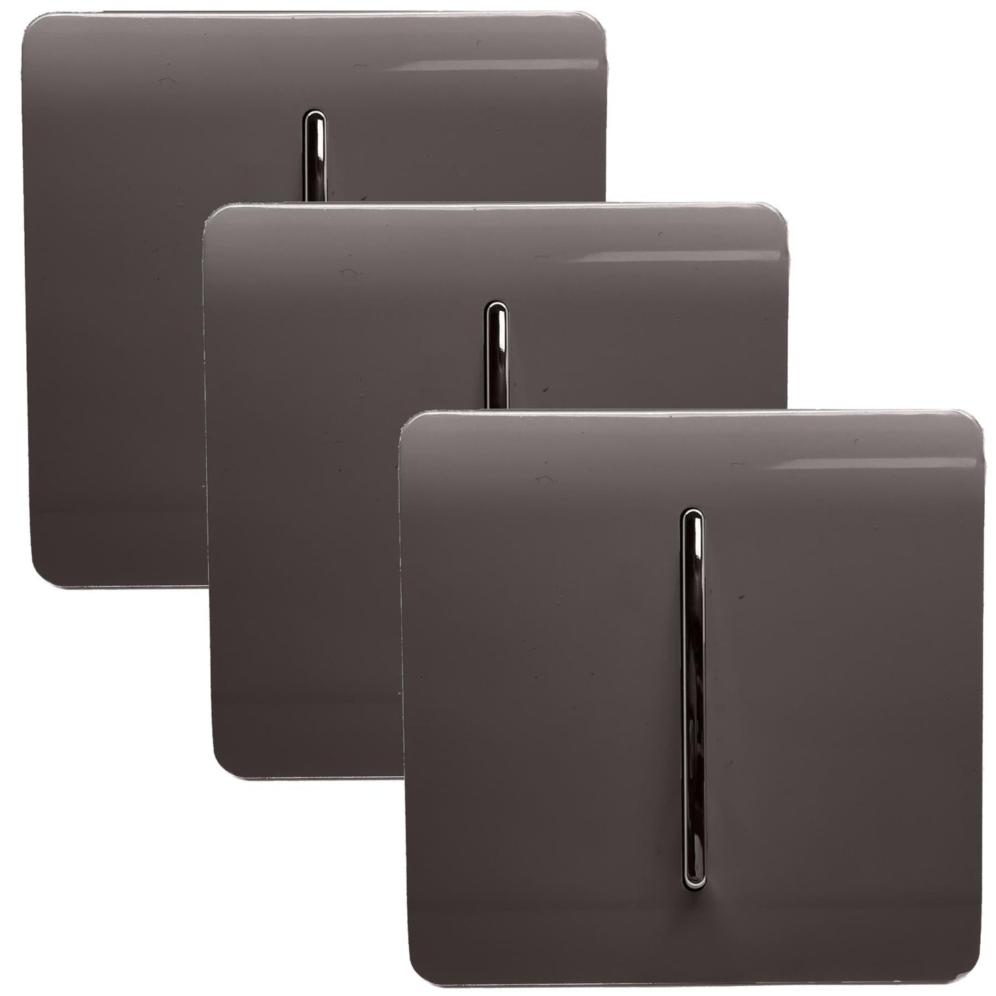 Trendi 1 Gang 2 Way 240V Screwless Artistic Modern Glossy 10 Amp Chrome Rocker Electrical Wall Light Switch in Dark Brown (3 pack)