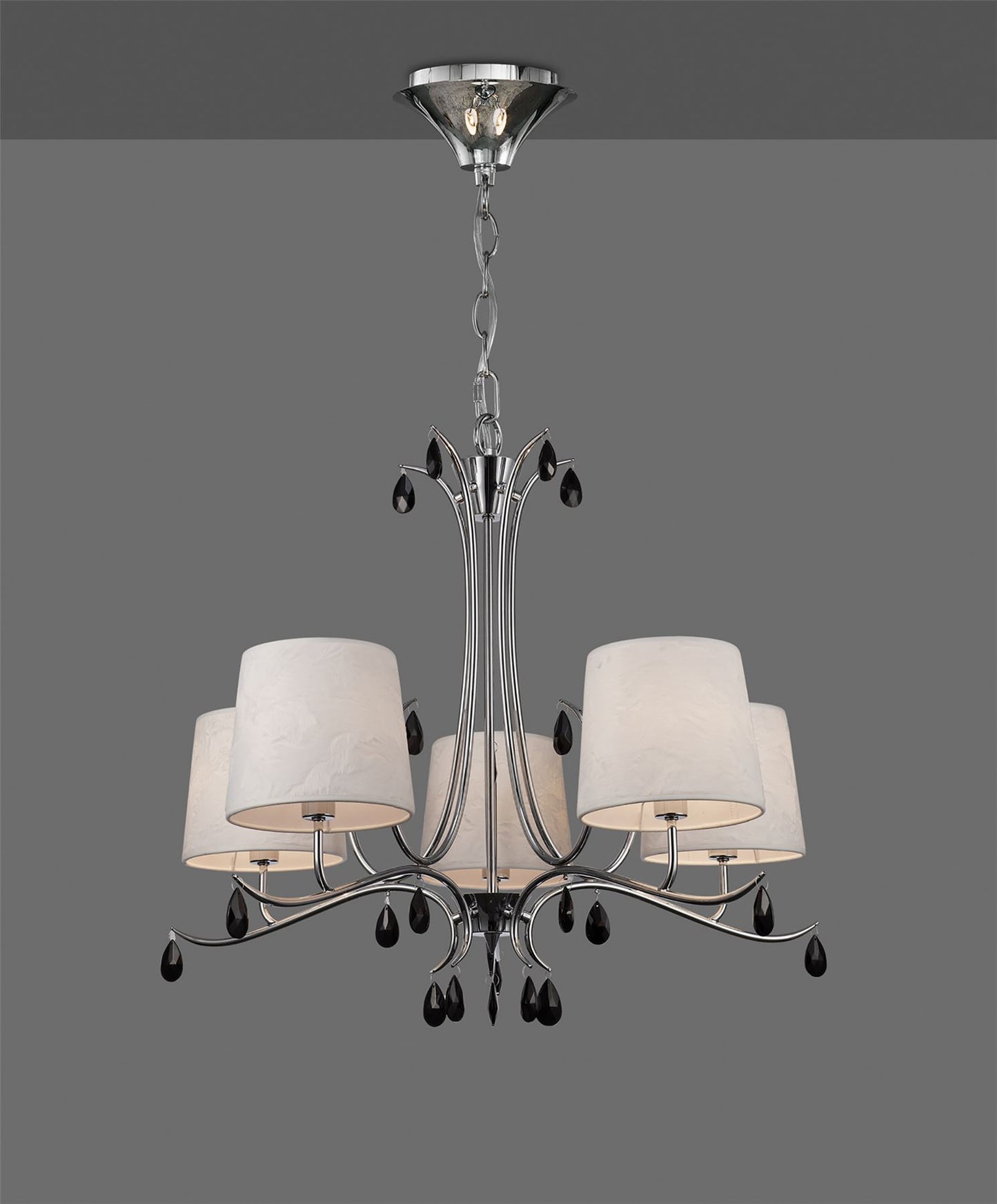 Mantra M6314 Andrea Pendant 81.5cm Round, 5 x E14 (Max 20W), Polished Chrome, White Shades, Black Crystal Droplets
