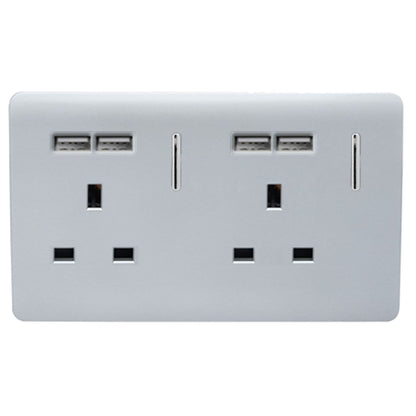 Trendi 2 Gang  13 Amp 4 x 2.1mA USB Switched Plug Socket Silver ART-SKT213USBSI