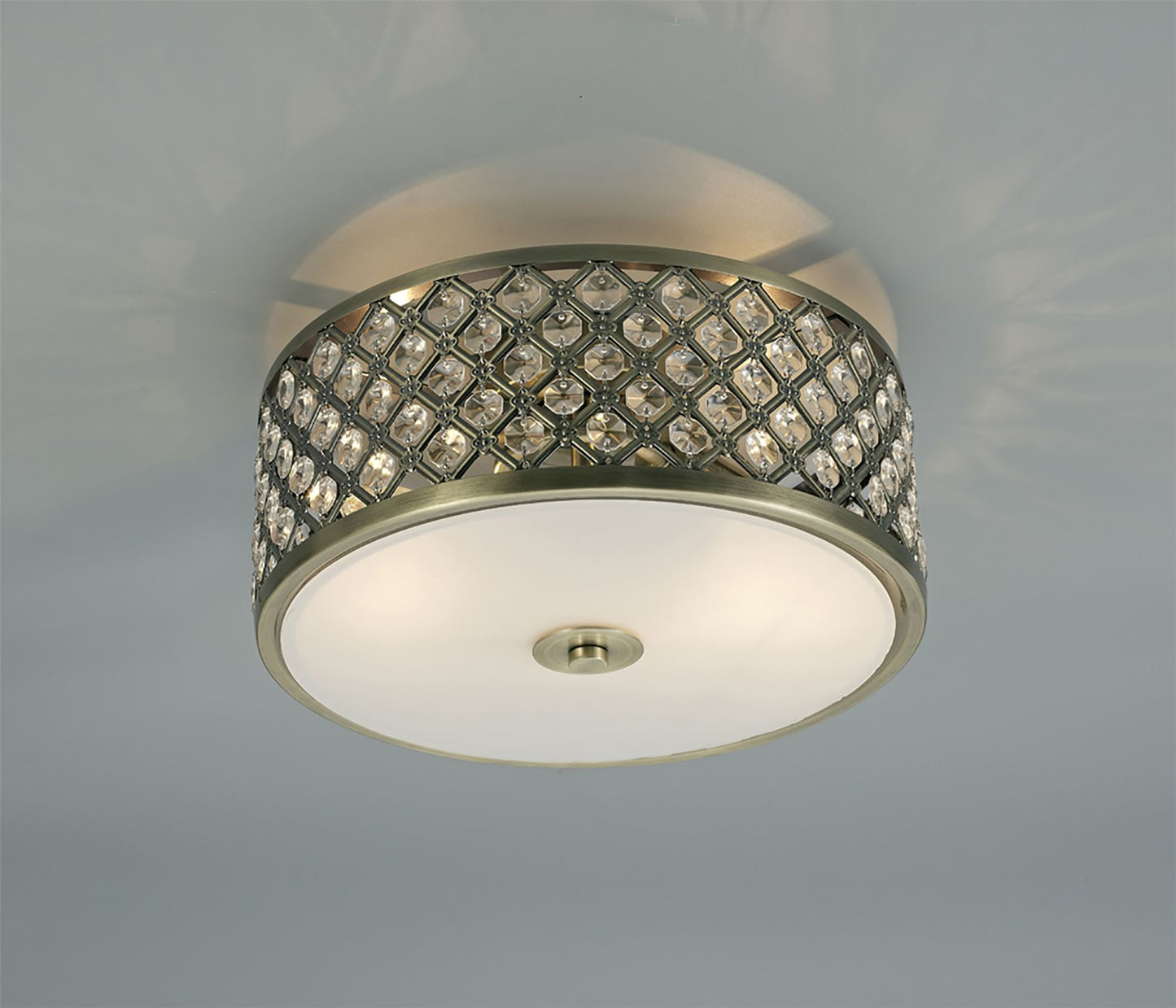 Deco Sasha 2 Light E14, Flush Ceiling Light, 300mm Round, Antique Brass with Crystal Glass and Opal Glass Diffuser
