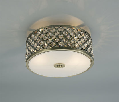 Deco Sasha 2 Light E14, Flush Ceiling Light, 300mm Round, Antique Brass with Crystal Glass and Opal Glass Diffuser