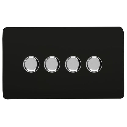 Trendi 4 Gang 2 Way 240V 100w LED Dimmer Screwless Raised Front Plate Plastic Artistic Modern Glossy 10 Amp Chrome Single Electrical Wall Light Switch in Matt Black - ART-4LDMMBK
