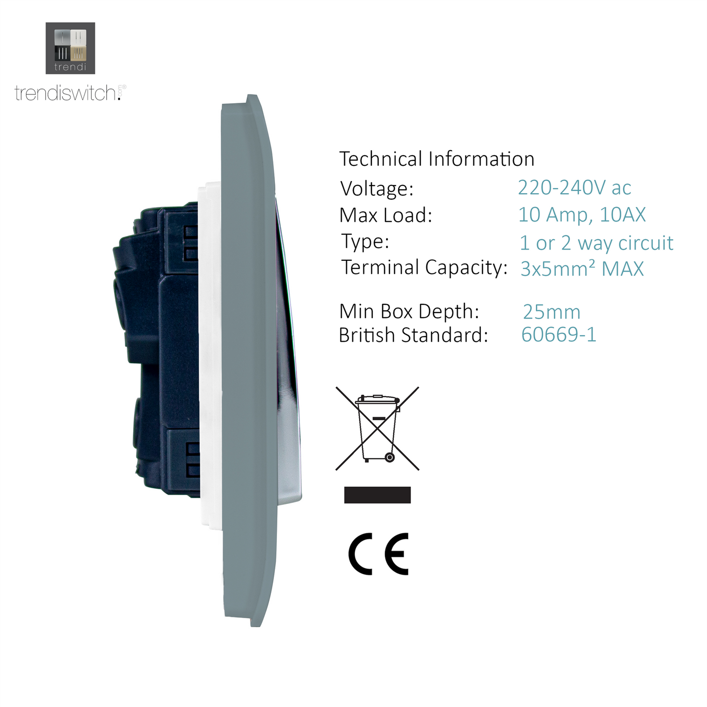 Trendi 1 Gang 2 Way 240V Screwless Artistic Modern Glossy 10 Amp Chrome Rocker Electrical Wall Light Switch in Cool Grey (3 pack)