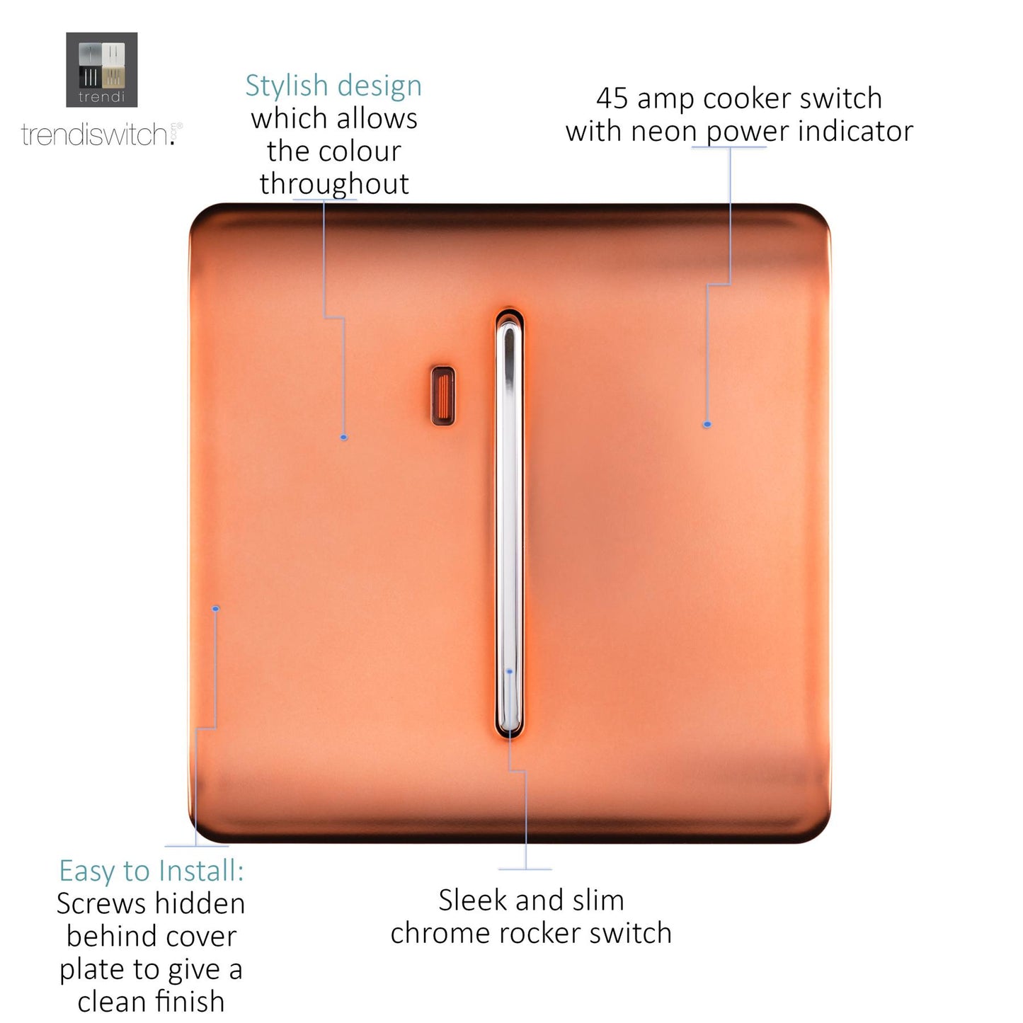 Trendi Artistic Modern Glossy 45 A Tactile Light Switch & Neon Insert Copper