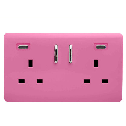 Pink Screwless 2 Gang Switched Double Socket 13A With 2 x USB-C 24W (Shared), (35mm Back Box Req.), 10yrs Warranty