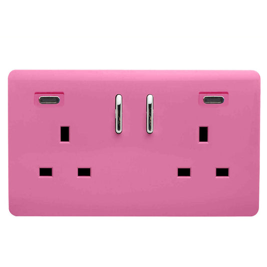 Pink Screwless 2 Gang Switched Double Socket 13A With 2 x USB-C 24W (Shared), (35mm Back Box Req.), 10yrs Warranty
