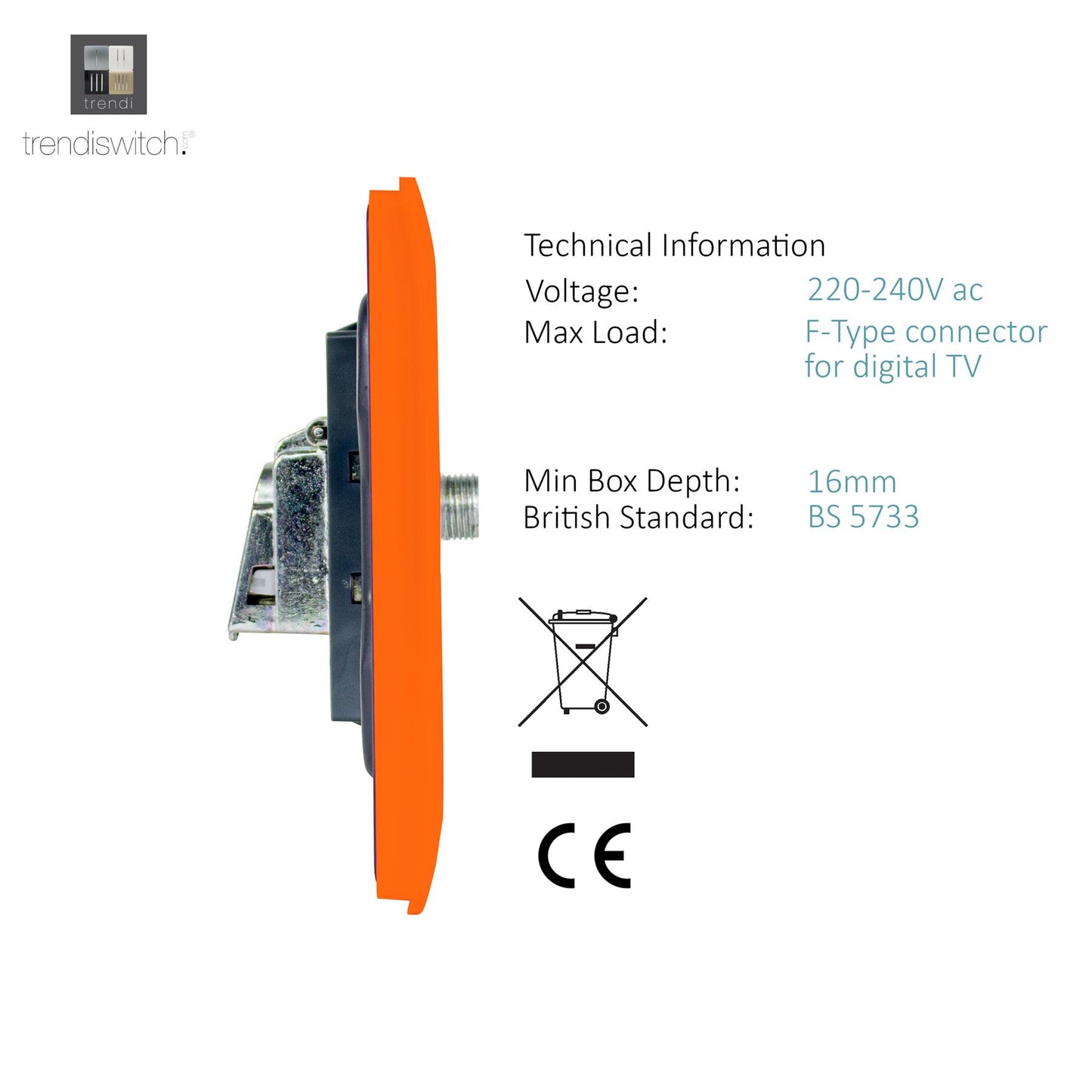 Trendi Switch Sunset Orange TV Coaxial & F-Type Satellite Socket - Screwless