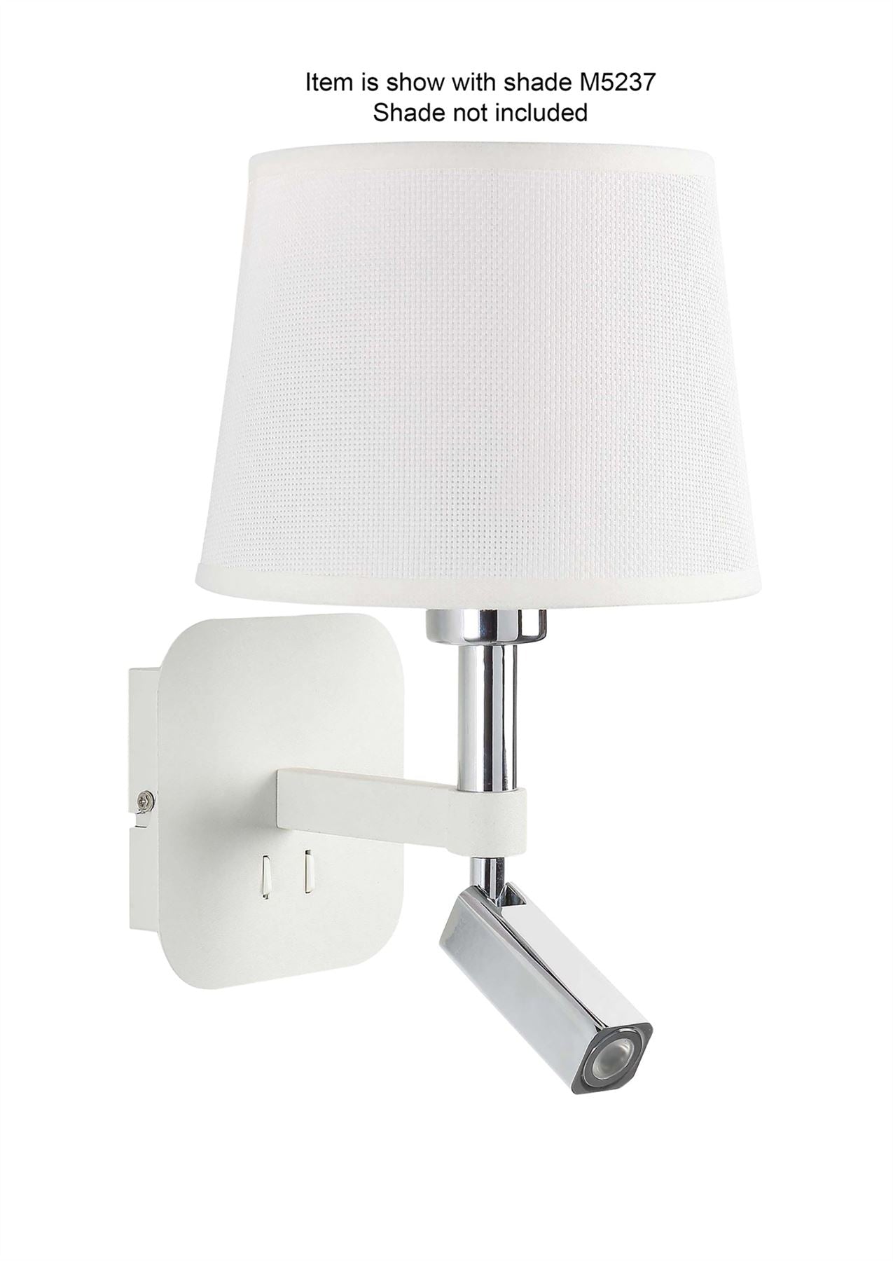 Mantra M5316 Habana Wall Light 1 Light WITHOUT SHADE E27 + Reading Light 3W LED 4000K, 200lm, Matt White/Polished Chrome, 3yrs Warranty