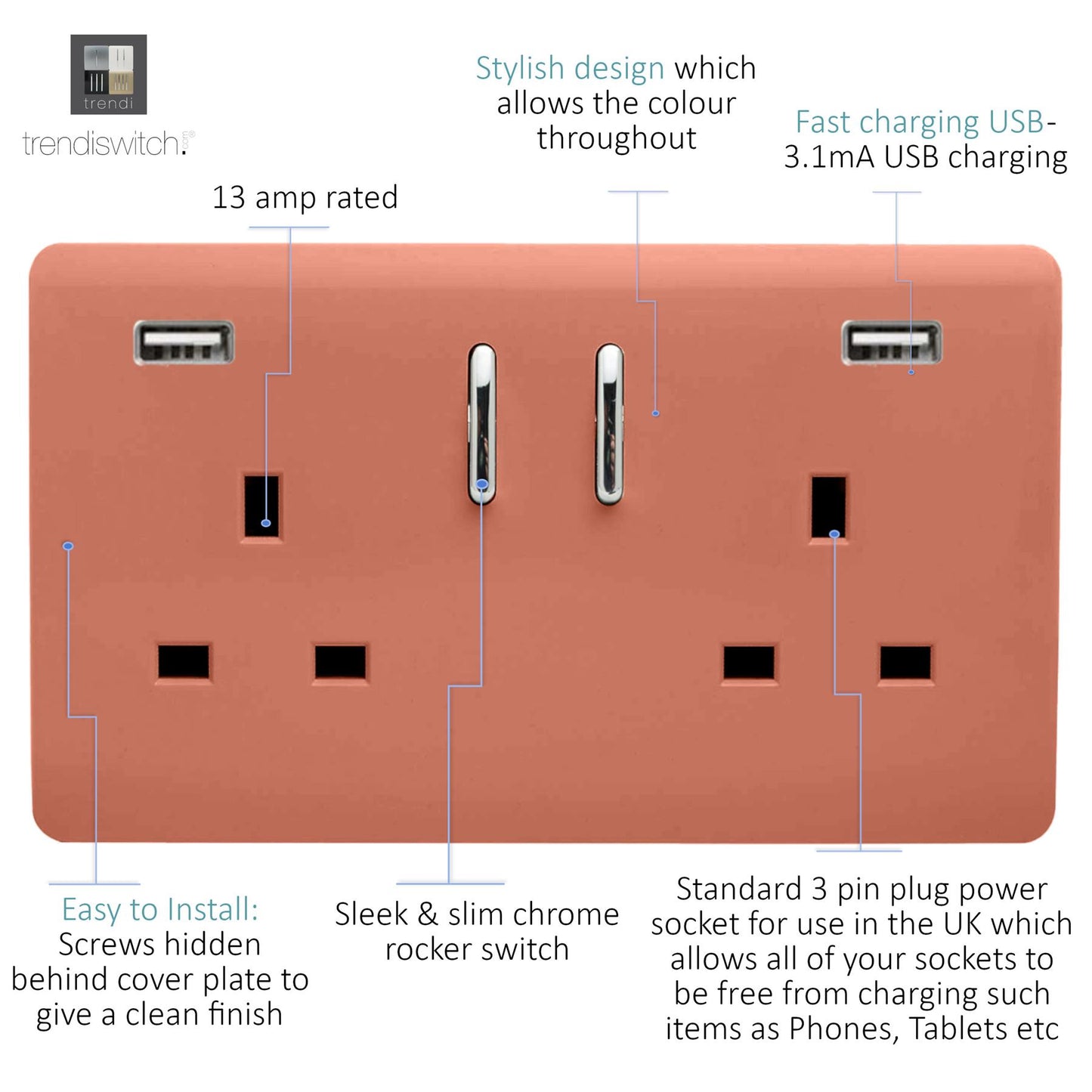 Trendi 2 Gang Artistic Modern Glossy 13 Amp 2 x 3.1mA USB Switched Plug Socket Copper