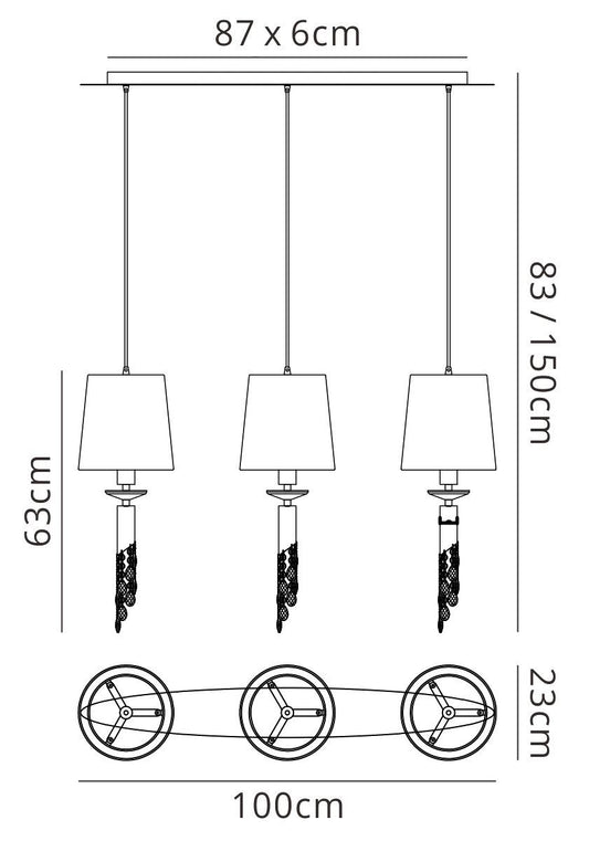 Mantra Tiffany Linear Pendant 3+3 Light E27+G9 Line, French Gold with Cream Shades & Clear Crystal
