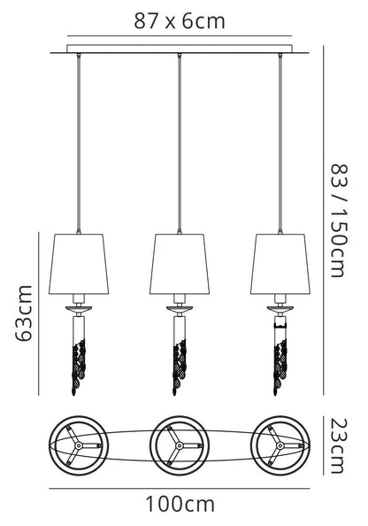 Mantra Tiffany Linear Pendant 3+3 Light E27+G9 Line, French Gold with Cream Shades & Clear Crystal