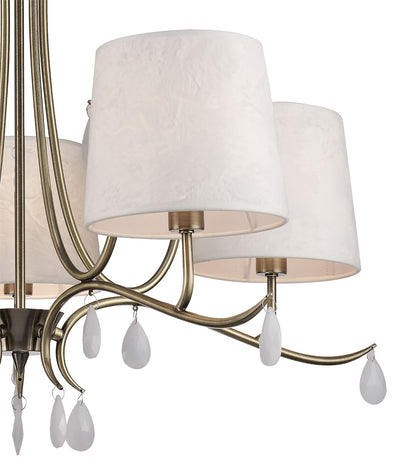 Mantra M6334 Andrea Pendant 81.5cm Round, 5 x E14 (Max 20W), Antique Brass, White Shades, White Crystal Droplets