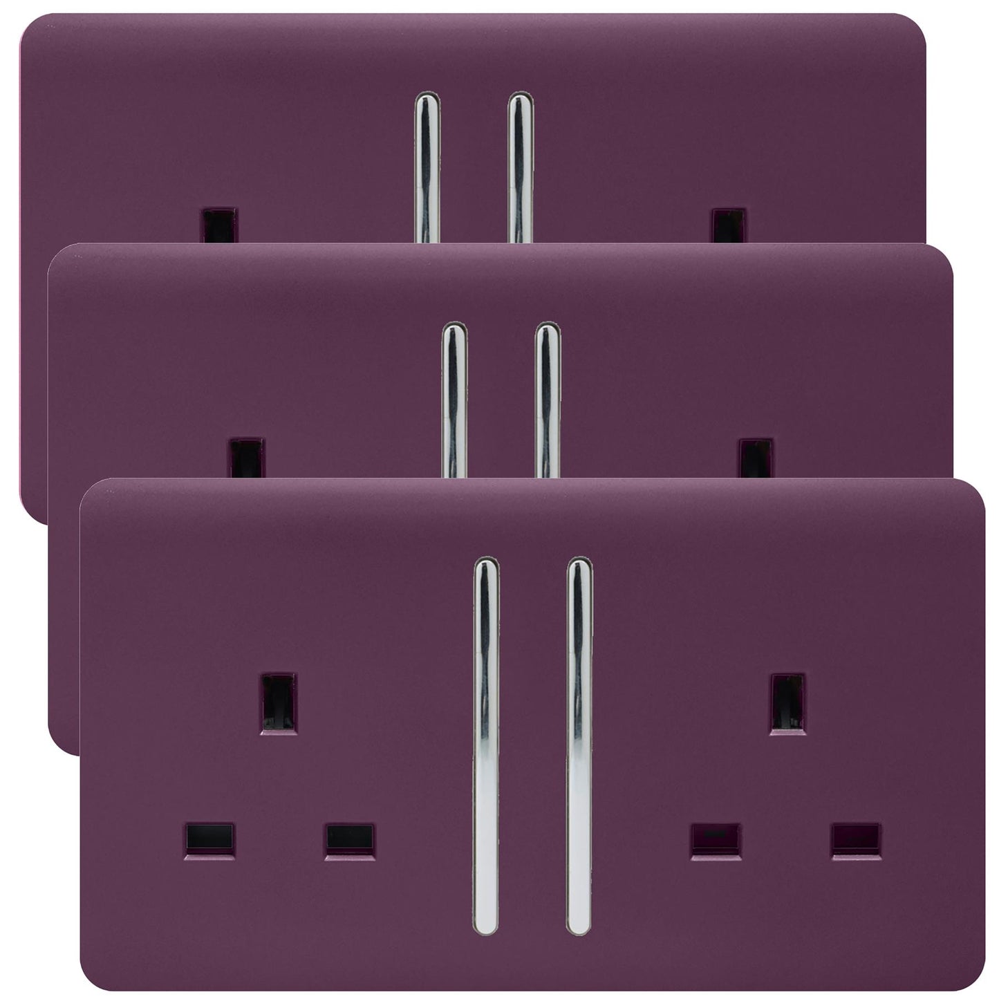 Trendi 2 Gang Artistic Modern Glossy 13 Amp Switched  Plug Socket Plum (3 Pack)