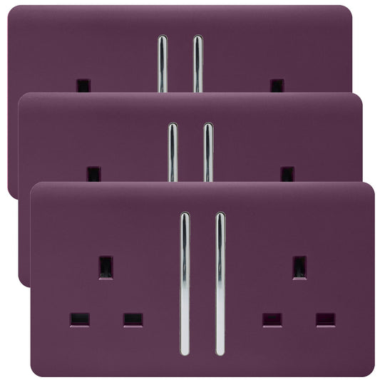 Trendi 2 Gang Artistic Modern Glossy 13 Amp Switched  Plug Socket Plum (3 Pack)