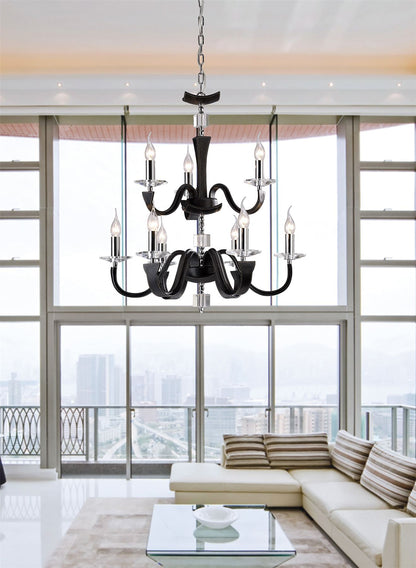 Diyas Nardini 65cm  2 Tier 9 Light E14 Polished Chrome/Black Faux Leather/Crystal Ceiling Pendant Light Fitting