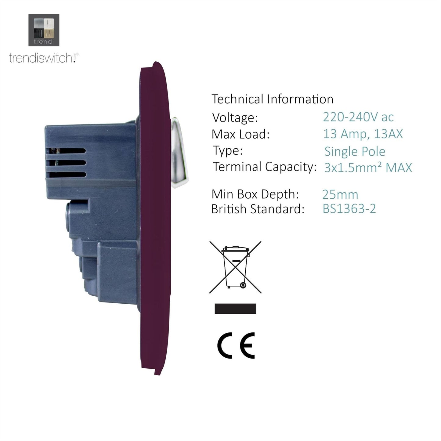 Trendi 1 Gang Artistic Modern Glossy 13 Amp 2x2.1mA USB Switched Tactile Plum