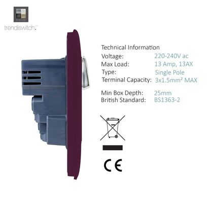 Trendi 1 Gang Artistic Modern Glossy 13 Amp 2x2.1mA USB Switched Tactile Plum