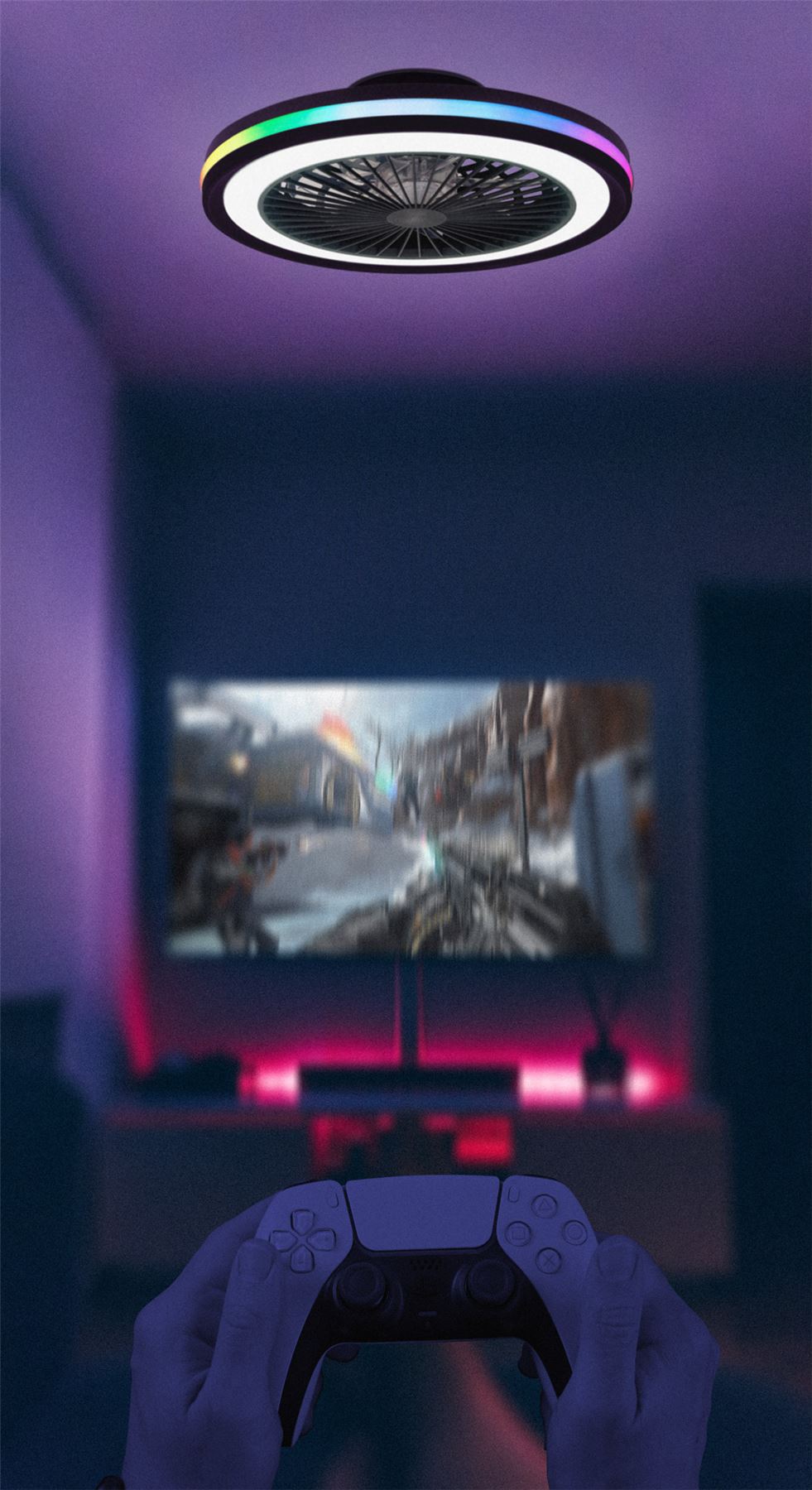 Gamer 47cm 40W LED Dimmable White/RGB Ceiling Light With Built-In 20W DC Reversible Fan, c/w Remote Control, 4200lm, Black