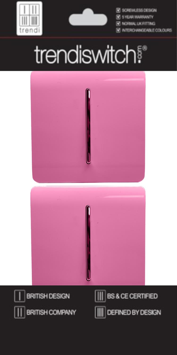 Trendi 1 Gang 2 Way 240V Screwless Artistic Modern Glossy 10 Amp Chrome Rocker Electrical Wall Light Switch in Candy Pink (2 pack)