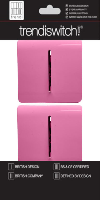Trendi 1 Gang 2 Way 240V Screwless Artistic Modern Glossy 10 Amp Chrome Rocker Electrical Wall Light Switch in Candy Pink (2 pack)