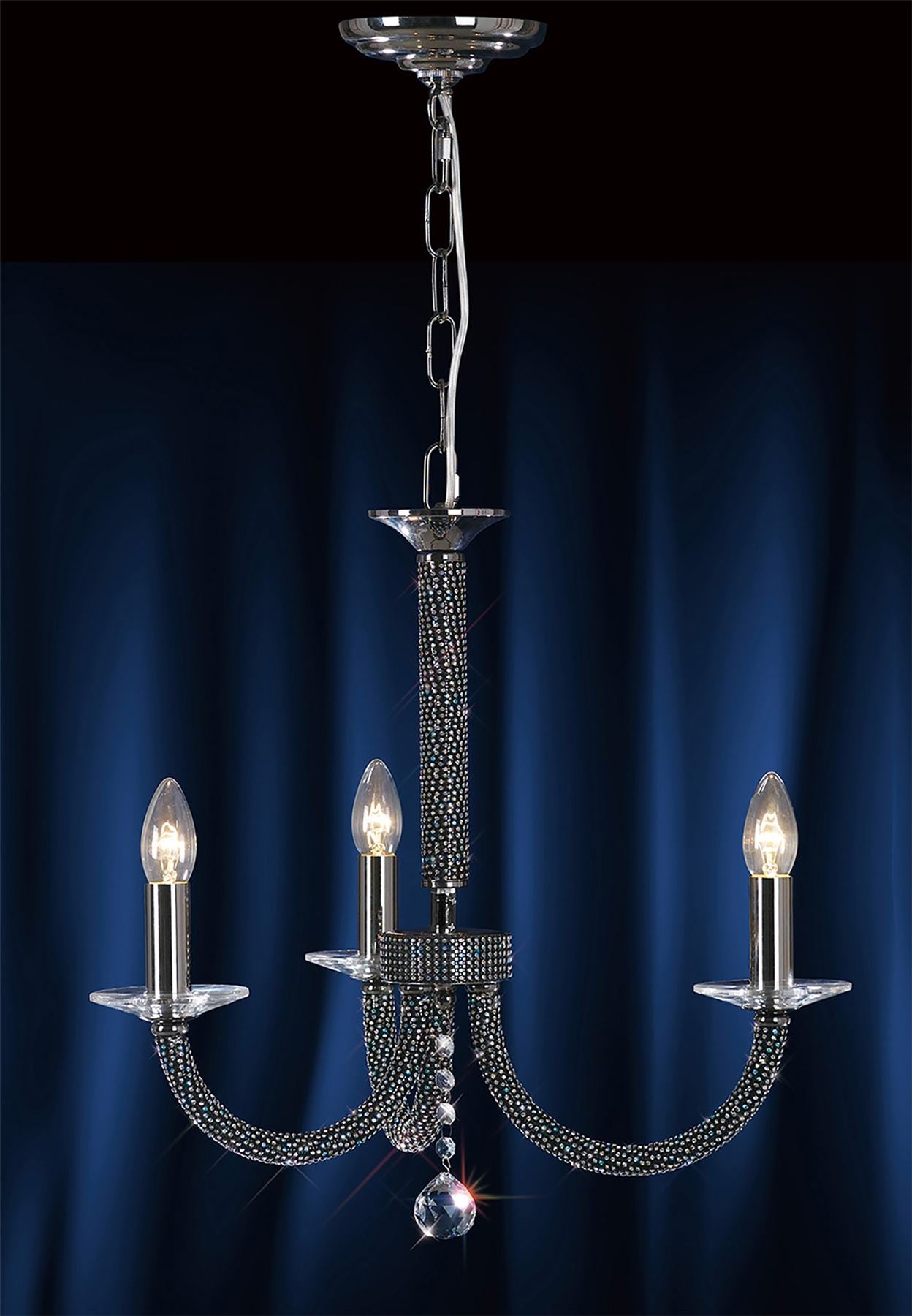 Diyas Elena 52cm  3 Light E14 Black Chrome/Crystal Ceiling Pendant Light Fitting