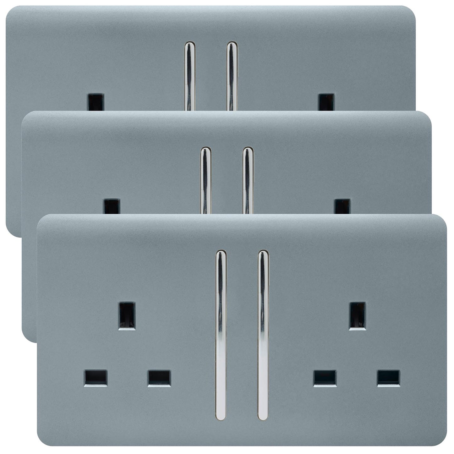 Trendi 2 Gang Artistic Modern Glossy 13 Amp Switched  Plug Socket Cool Grey  (3 Pack)